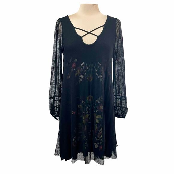 Scrapbook Black Sheer Lace Overlay Dress Crisscross Neckline Sz MED Whimsygoth - Picture 2 of 11